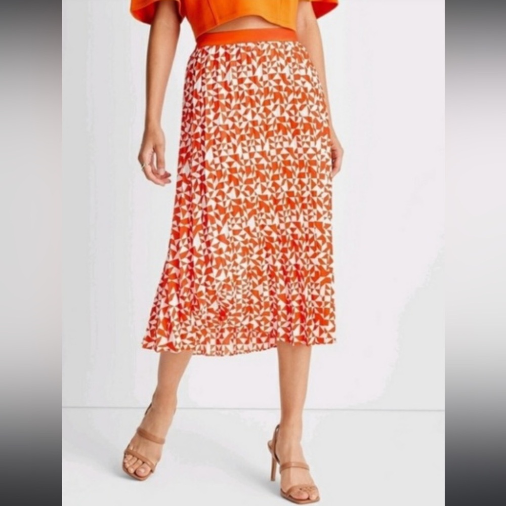Pleated A-line skirt Orange Geometric Pattern 16W/18W